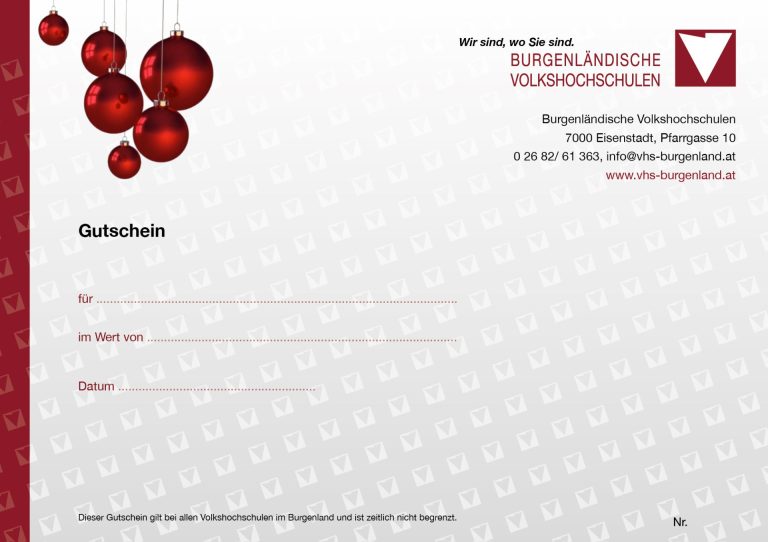Gutschein der Burgenländischen Volkshochschulen mit Weihnachtskugeln